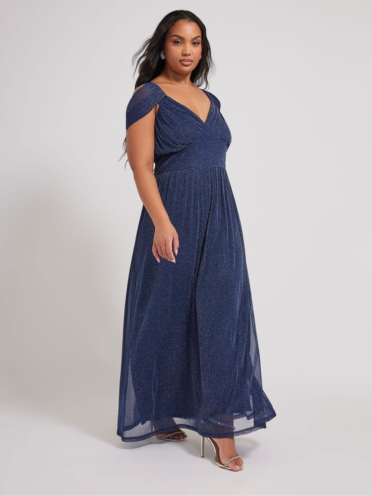 Yours Curve Blue London Metallic Mesh Cold Shoulder Dress - Image 1 of 2