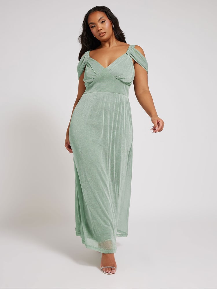 Yours Curve Green London Metallic Mesh Cold Shoulder Dress - Image 1 of 8 Yours Curve Green London Metallic Mesh Cold Shoulder Dress - Image 1 of 8