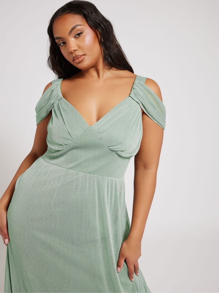 Yours Curve Green London Metallic Mesh Cold Shoulder Dress - Image 2 of 8 Yours Curve Green London Metallic Mesh Cold Shoulder Dress - Image 2 of 8