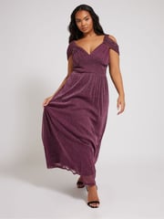Yours Curve Purple London Metallic Mesh Cold Shoulder Dress - Image 1 of 5