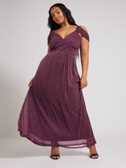 Yours Curve Purple London Metallic Mesh Cold Shoulder Dress - Image 2 of 5