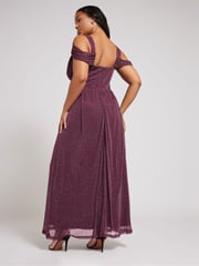 Yours Curve Purple London Metallic Mesh Cold Shoulder Dress - Image 3 of 5