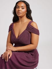 Yours Curve Purple London Metallic Mesh Cold Shoulder Dress - Image 4 of 5