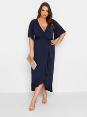 Yours Curve Blue London Ruffle Wrap Dress - Image 1 of 5