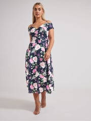 Yours Curve Blue London Floral Cold Shoulder Bardot Dress - Image 1 of 5