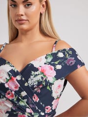 Yours Curve Blue London Floral Cold Shoulder Bardot Dress - Image 3 of 5