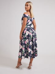 Yours Curve Blue London Floral Cold Shoulder Bardot Dress - Image 4 of 5