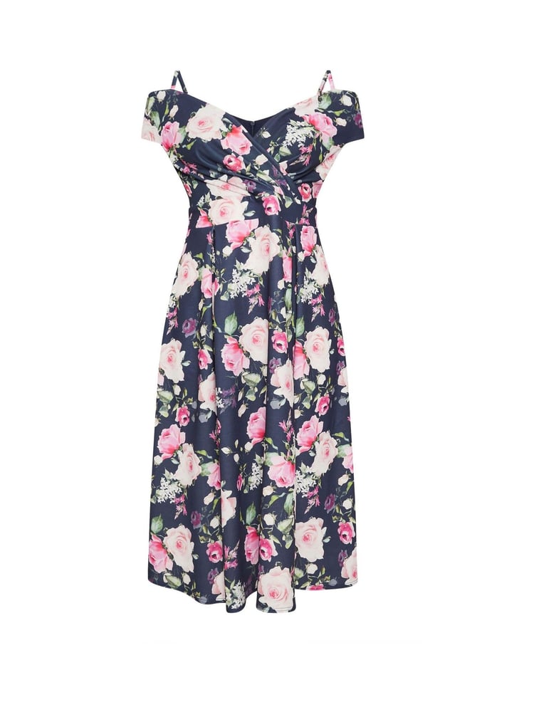 Yours Curve Blue London Floral Cold Shoulder Bardot Dress - Image 5 of 5