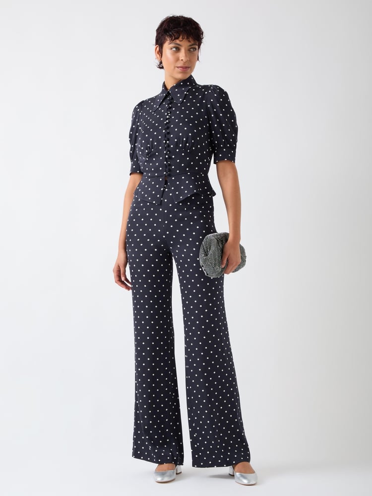 LK Bennett Blue Elsie Spring & Birch Viscose 40'S Polka Dot Button Detail Blouse - Image 1 of 4