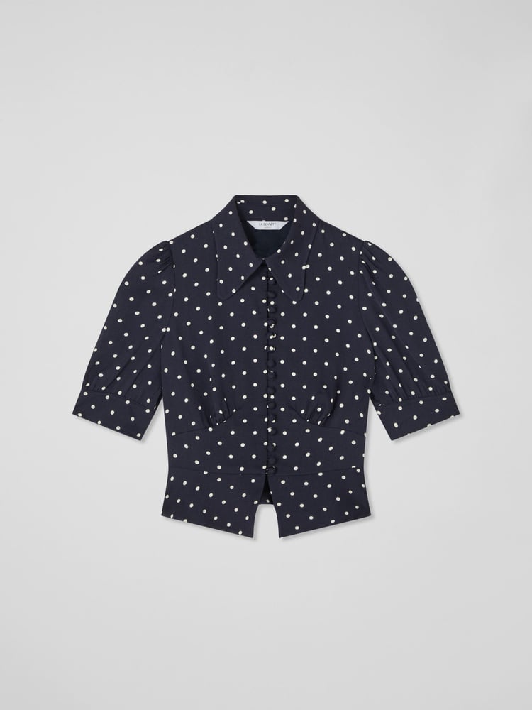 LK Bennett Blue Elsie Spring & Birch Viscose 40'S Polka Dot Button Detail Blouse - Image 4 of 4