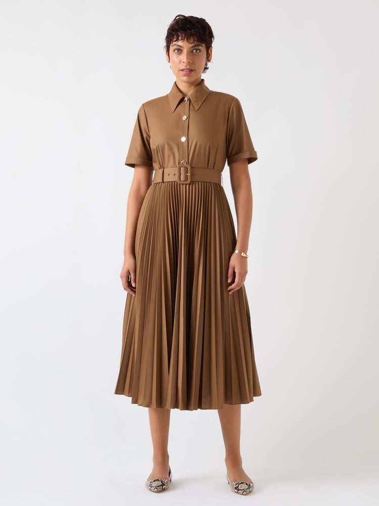 LK Bennett Brown Cally Mocha Pleated Cotton Shirt Dress - Image 1 of 2