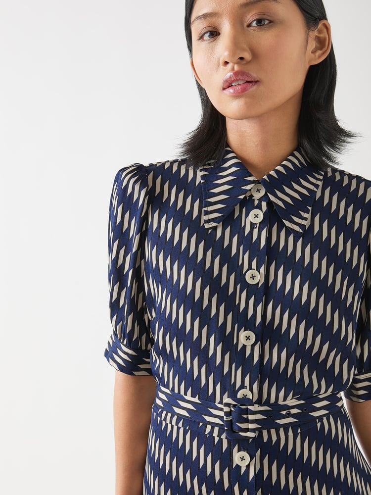 LK Bennett Blue Petite Valerie Spring Birch Viscose Printed Viscose Shirt Dress With Belt - Image 3 of 3