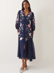 Monsoon Blue Emani Floral Embroidered Midi Tea Dress - Image 1 of 4