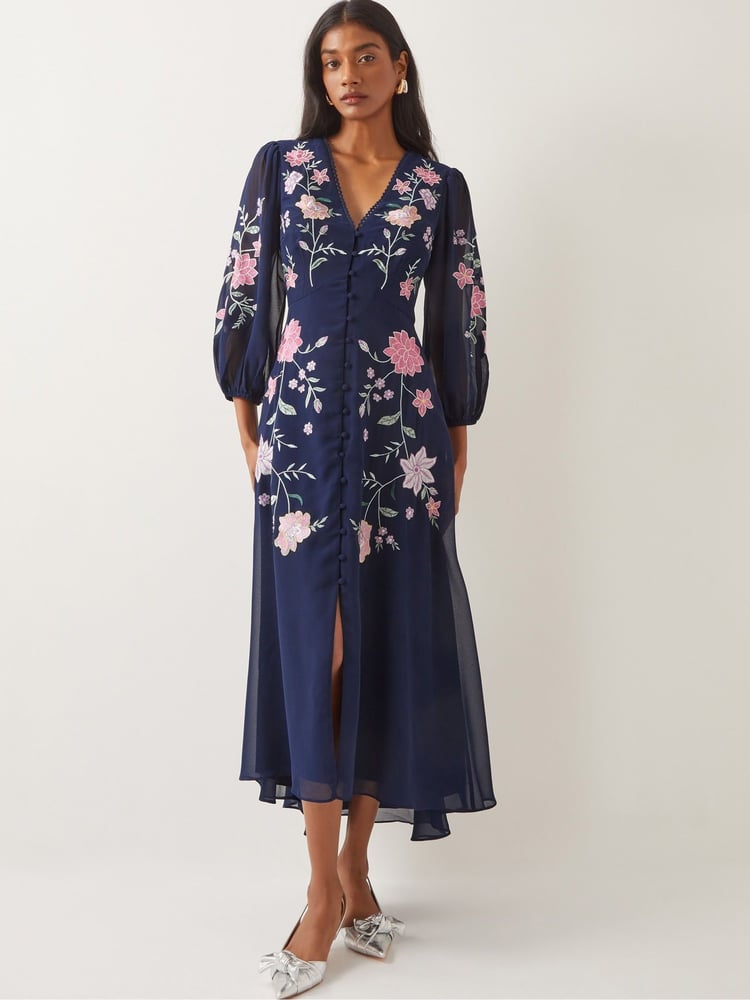 Monsoon Blue Emani Floral Embroidered Midi Tea Dress - Image 1 of 4