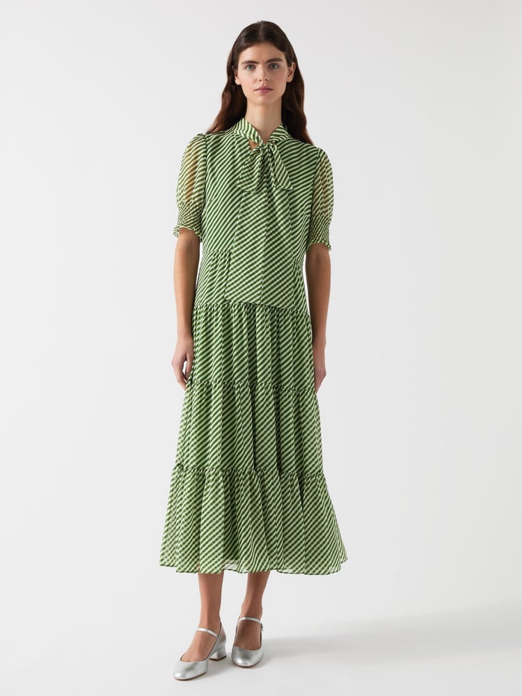 LK Bennett Green Petite Coco Treetop Birch Tie Neck Georgette Dress - Image 1 of 4