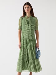 LK Bennett Green Petite Coco Treetop Birch Tie Neck Georgette Dress - Image 3 of 4