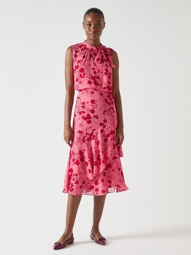 LK Bennett Pink Rhoda Desert Rose & Rio Red Viscose Wildflower Layered Tiered Skirt - Image 2 of 4