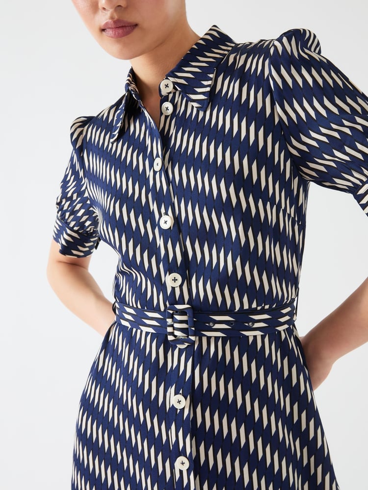 LK Bennett Blue Valerie Spring Viscose Printed Viscose Shirt Dress With Belt - Image 4 of 4