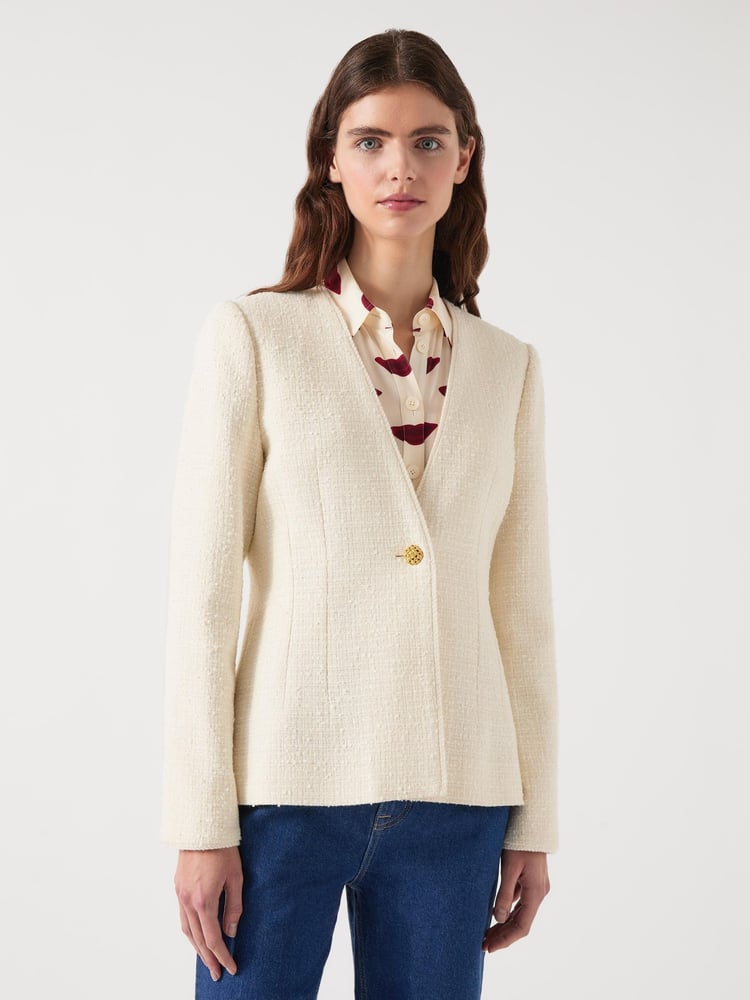 LK Bennett Cream Chloe Cotton Blend Tweed Single Breasted Jacket - Image 1 of 7