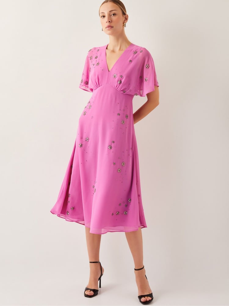 Monsoon Pink Candice Embellished Flutter Sleeve Midi Dress - Image 1 of 4
