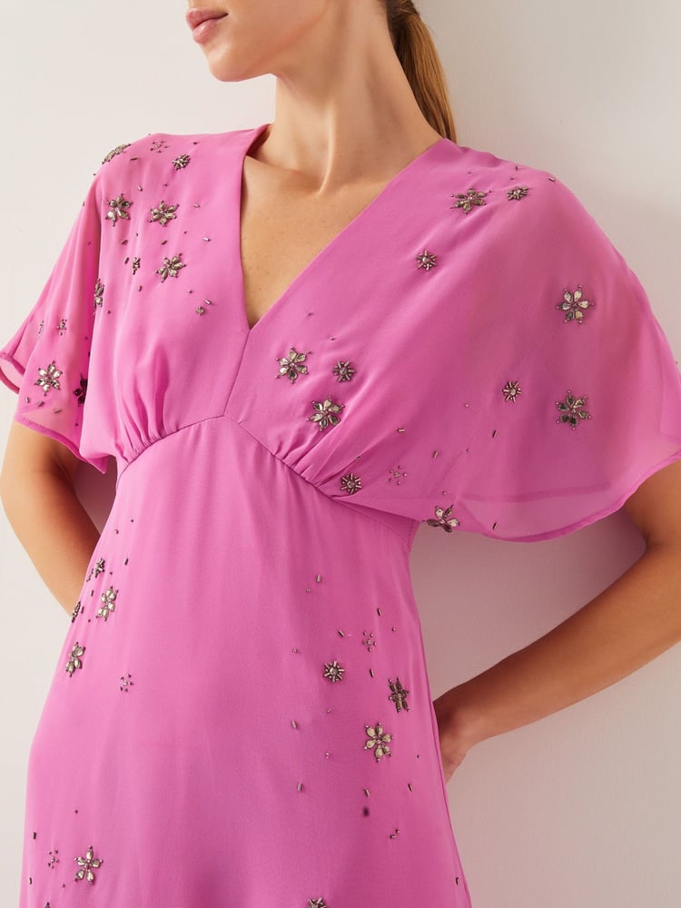 Monsoon Pink Candice Embellished Flutter Sleeve Midi Dress - Image 4 of 4