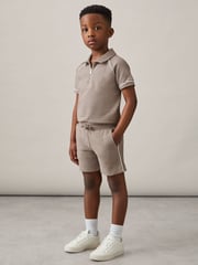 Reiss Mink Brown Pinta 3-9 yrs Cotton Textured Piped Shorts - Image 3 of 4