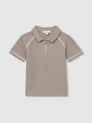 Reiss Mink Brown Lolland Cotton Textured Half-Zip Polo Shirt - Image 2 of 4