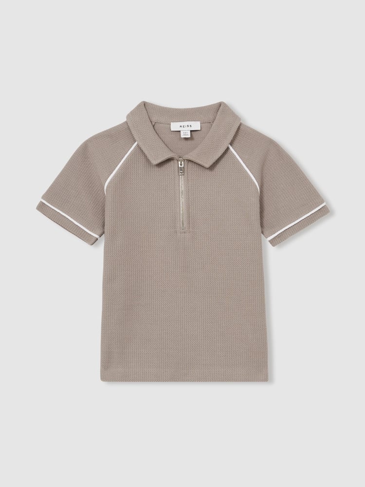 Reiss Mink Brown Lolland Cotton Textured Half-Zip Polo Shirt - Image 2 of 4