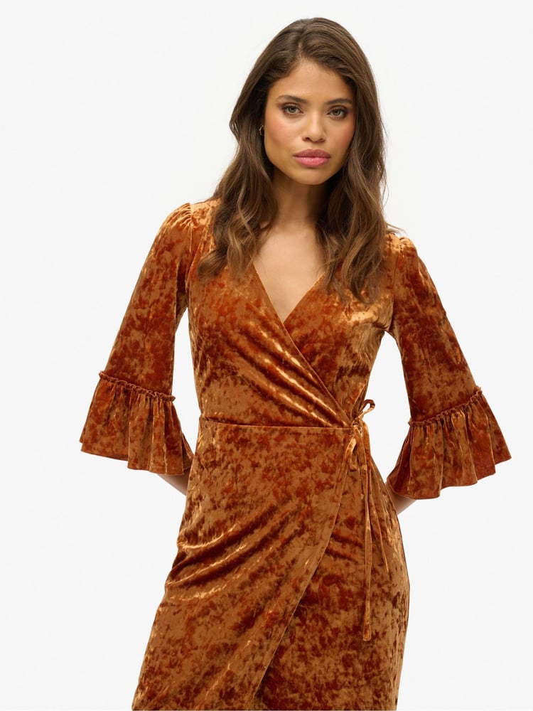 Superdry Brown Short Sleeve Velvet Wrap Midi Dress - Image 2 of 3