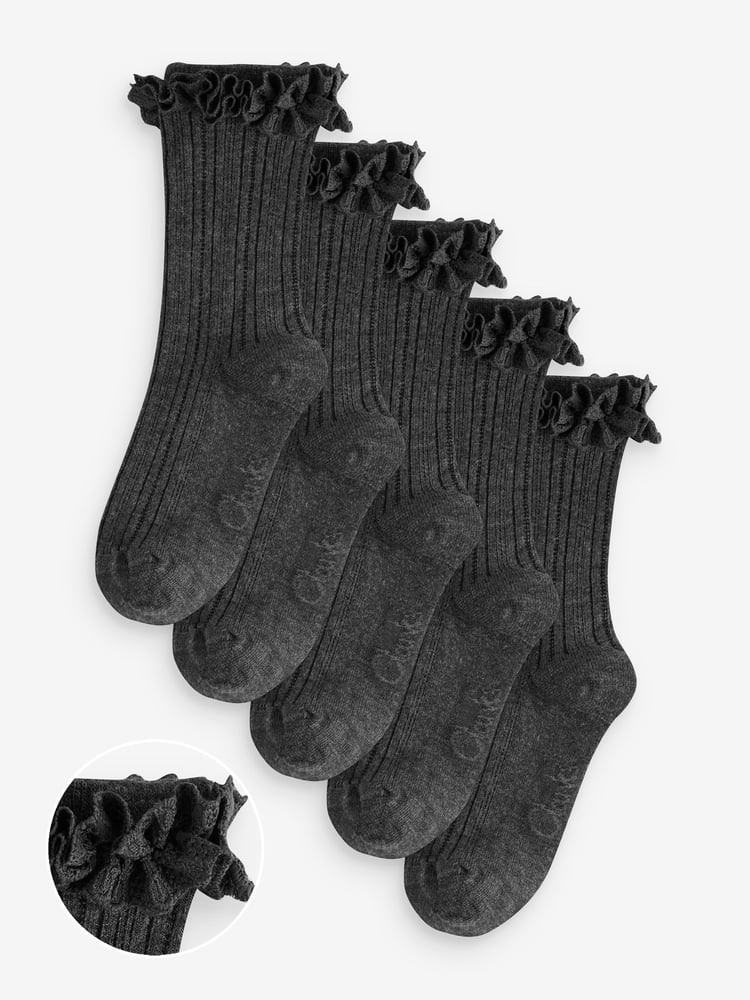 Clarks Grey Girls Frill School Socks 5 Pack - Image 1 of 6
