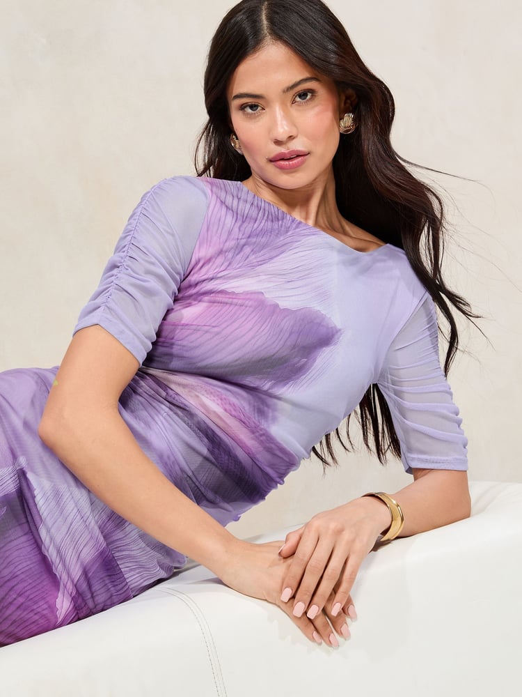 Lipsy Purple Floral Mesh Ruched Detail Midi Dress - Image 2 of 5
