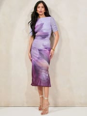 Lipsy Purple Floral Petite Mesh Ruched Detail Midi Dress - Image 1 of 5