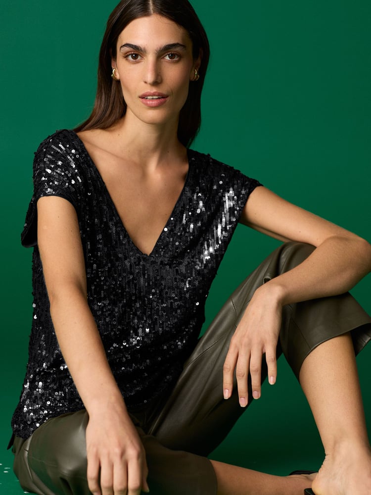 Black Sequin V-Neck Sleeveless Top - Image 1 of 7