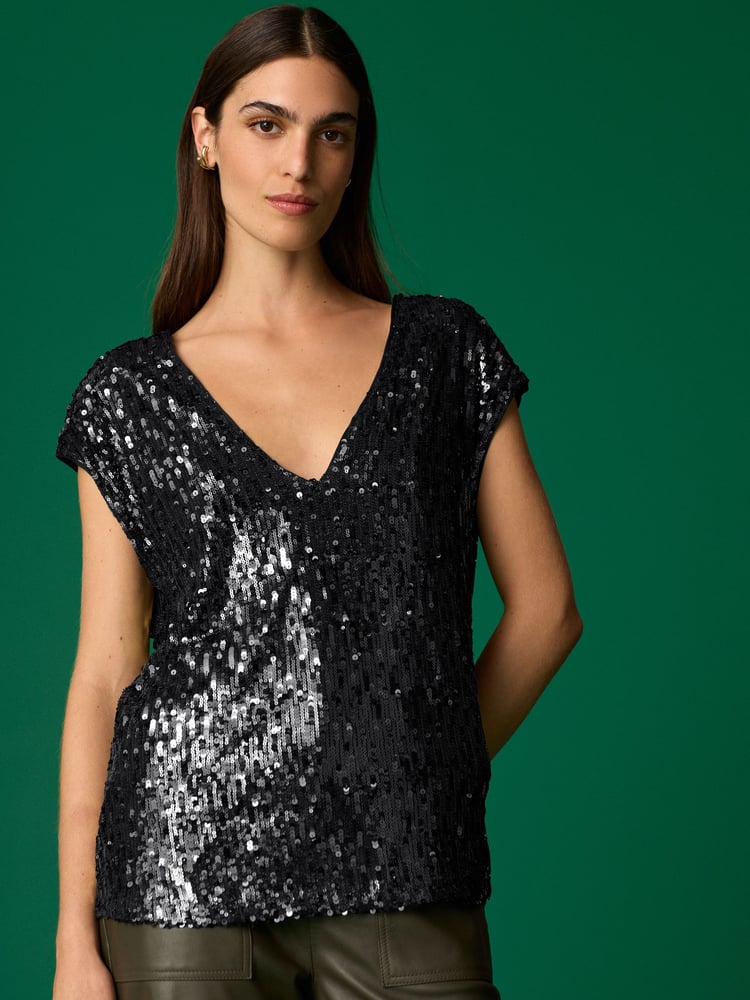 Black Sequin V-Neck Sleeveless Top - Image 2 of 7