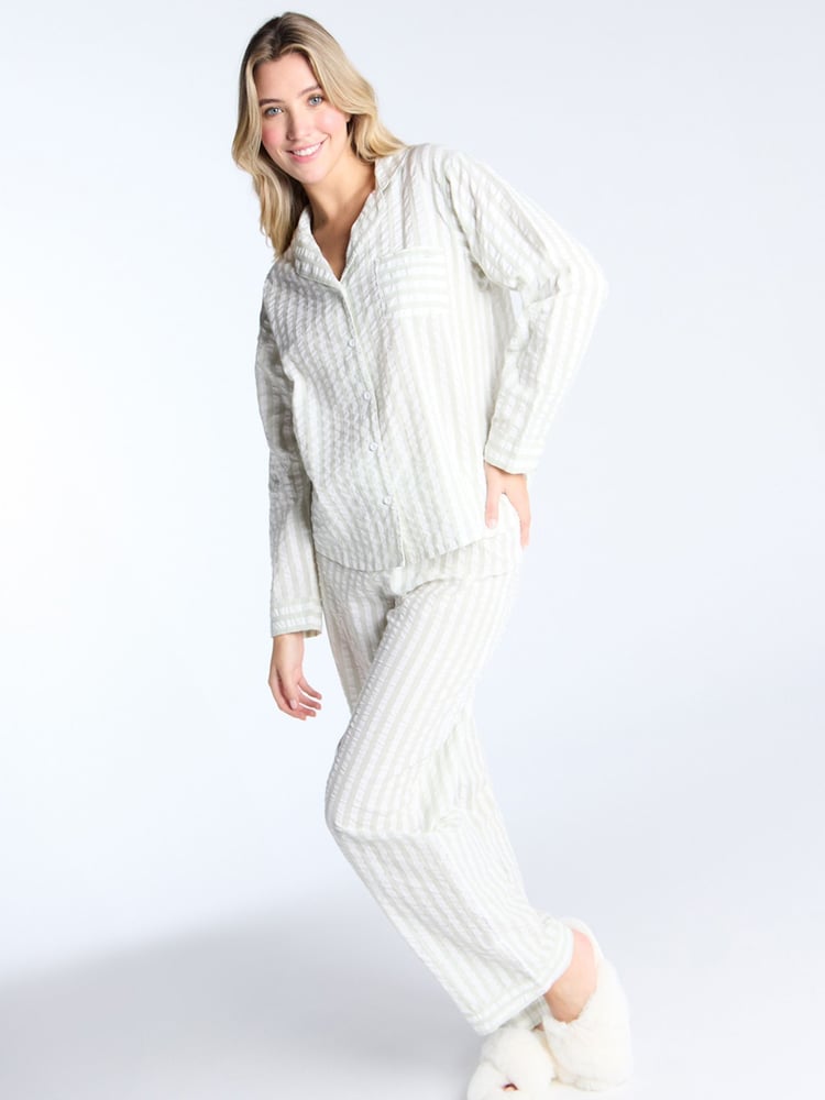 Boux Avenue Pink Seersucker Stripe Long 100% Cotton Pyjamas Set - Image 5 of 5