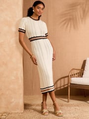 Love & Roses Neutral Halter Neck Tie Waist Midi Dress - Image 1 of 4