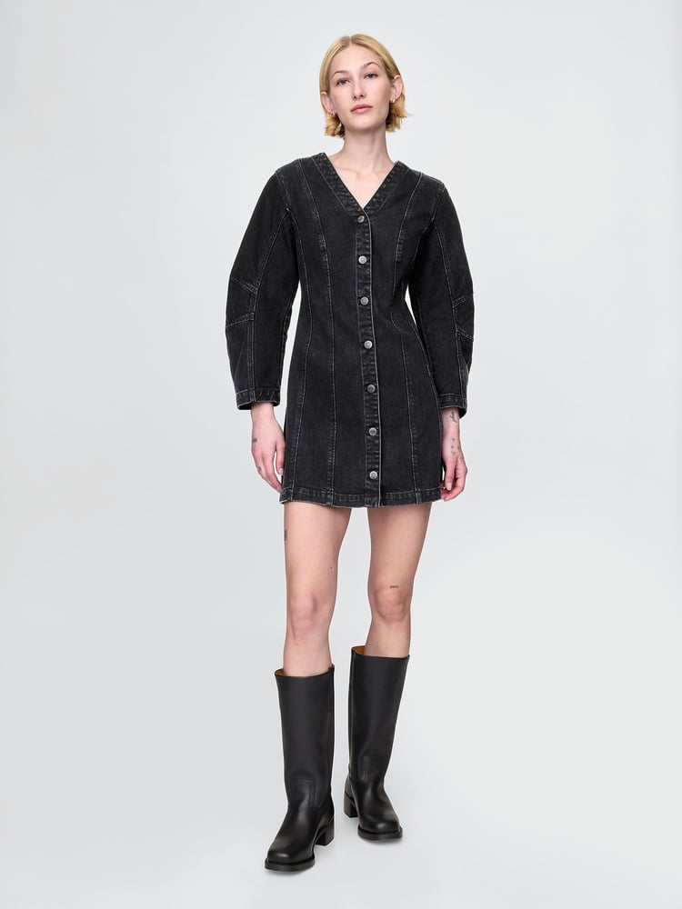 Gap Black Barrel-Sleeve Denim Mini Shirt Dress - Image 1 of 4 Gap Black Barrel-Sleeve Denim Mini Shirt Dress - Image 1 of 4