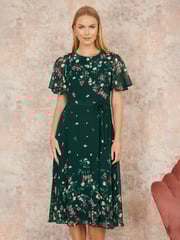 Yumi Green Daisy Mirror Placement Skater Dress With Angel Sleeves - Image 1 of 5