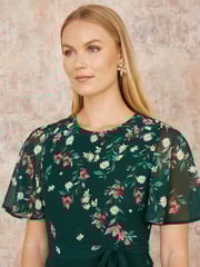 Yumi Green Daisy Mirror Placement Skater Dress With Angel Sleeves - Image 4 of 5