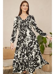 Yumi Black Abstract Print Ruched Midi Dress With Long Sleeves - Image 1 of 4