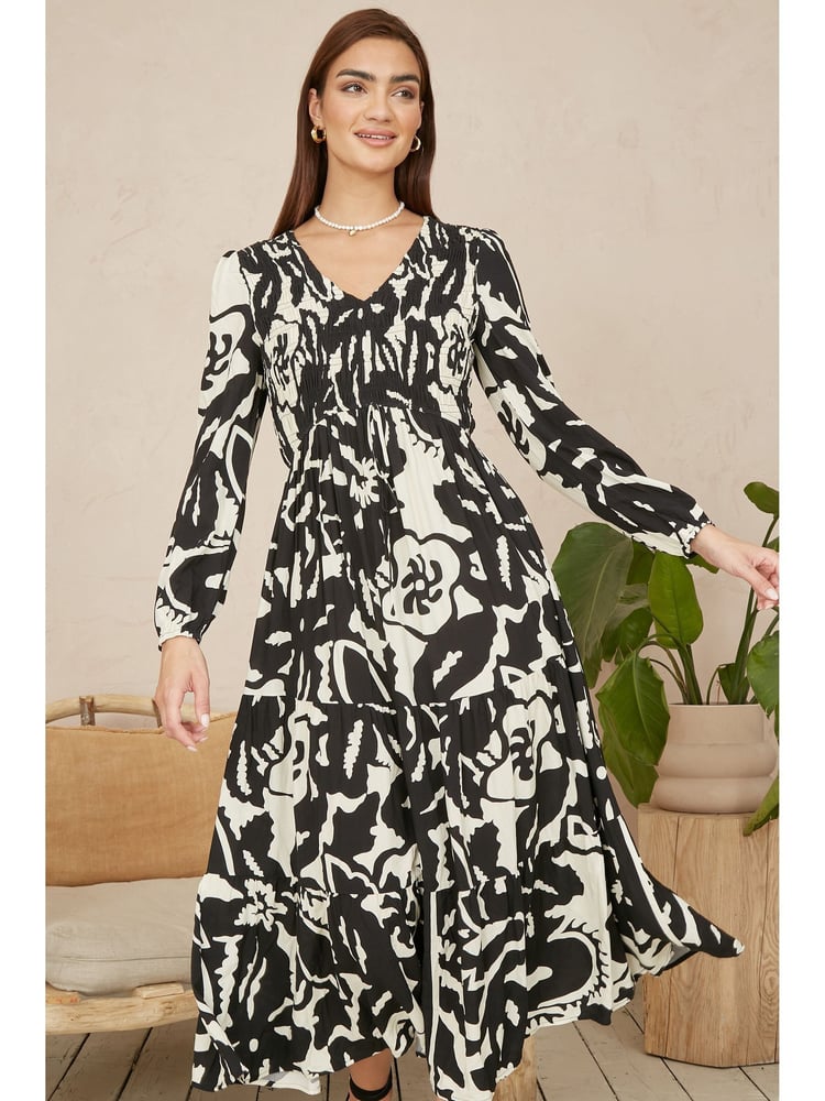 Yumi Black Abstract Print Ruched Midi Dress With Long Sleeves - Image 1 of 4