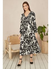 Yumi Black Abstract Print Ruched Midi Dress With Long Sleeves - Image 2 of 4
