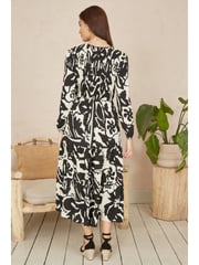 Yumi Black Abstract Print Ruched Midi Dress With Long Sleeves - Image 3 of 4