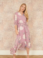 Yumi Pink Bird and Floral Print Midi Wrap Dress - Image 1 of 5