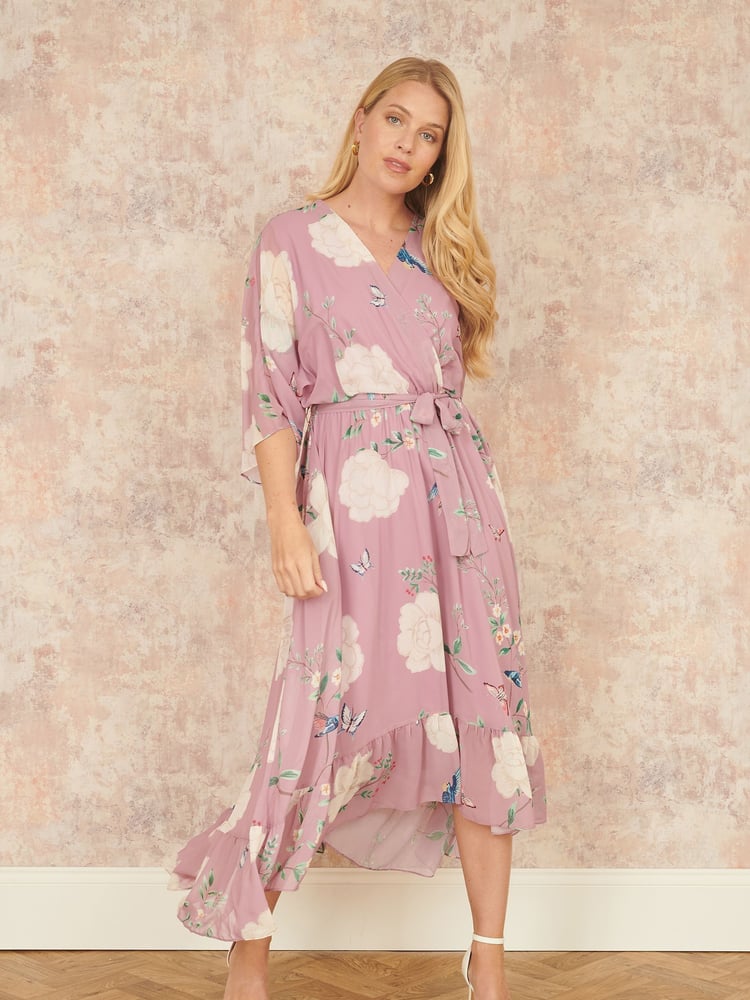 Yumi Pink Bird and Floral Print Midi Wrap Dress - Image 1 of 5