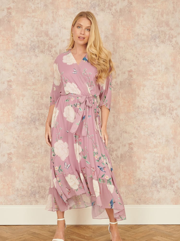 Yumi Pink Bird and Floral Print Midi Wrap Dress - Image 2 of 5