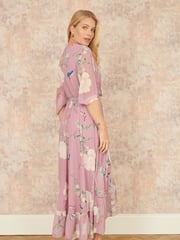 Yumi Pink Bird and Floral Print Midi Wrap Dress - Image 3 of 5