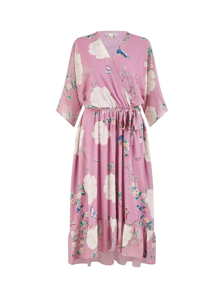 Yumi Pink Bird and Floral Print Midi Wrap Dress - Image 5 of 5