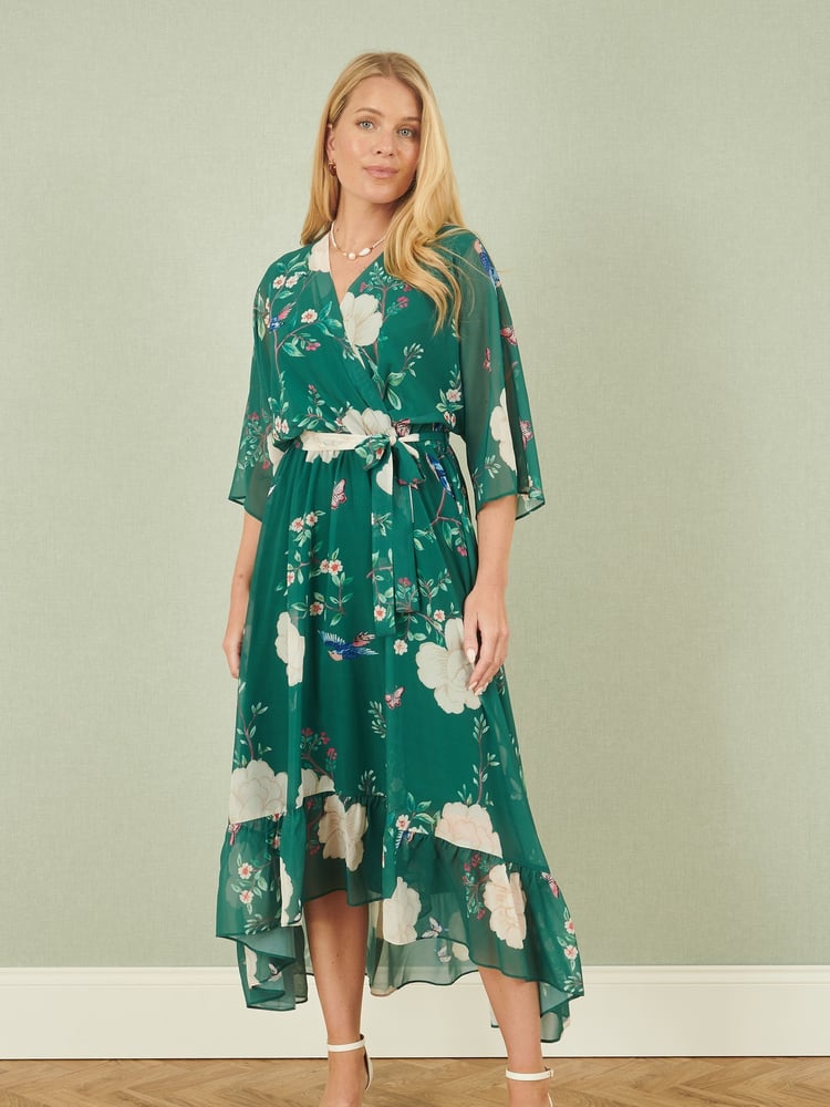 Yumi Green Bird and Floral Print Midi Wrap Dress - Image 1 of 5