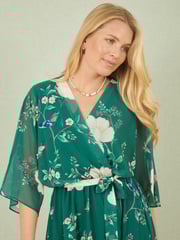 Yumi Green Bird and Floral Print Midi Wrap Dress - Image 4 of 5
